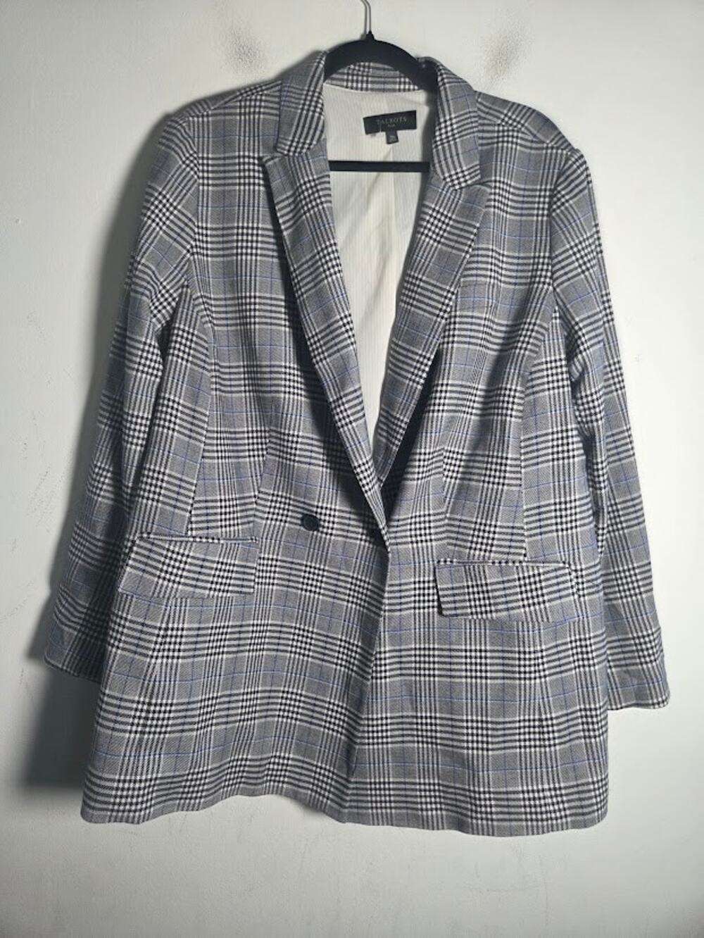 Talbots Plus "Glen" Grey Blue Houndstooth Cotton Double Breasted Blazer size 18W